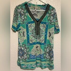 JM Collection Teal and Black Floral V-Neck Blouse
